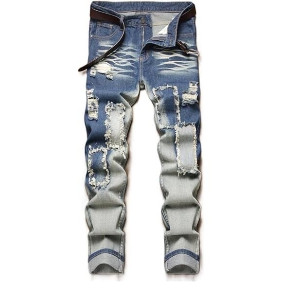 Men's Ripped Jeans Regular Fit Distressed Slim Straight Leg Stacked Biker - Picture 6 of 6